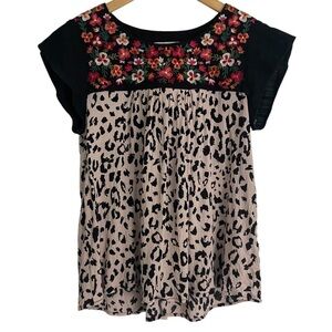 Savanna Jane Floral Embroidered Leopard Print Top Sz S Artsy Eclectic Boho